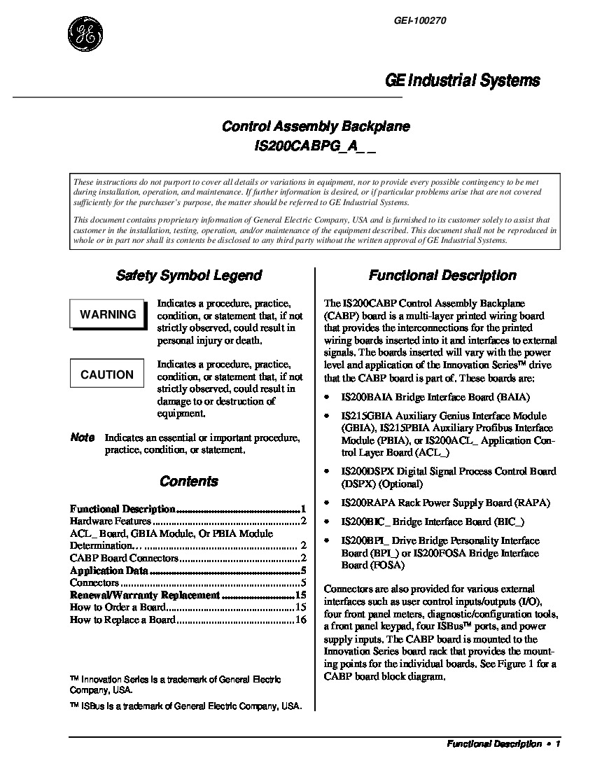 First Page Image of IS200CABPG1BAA Control Assembly Backplane GEI-100270.pdf